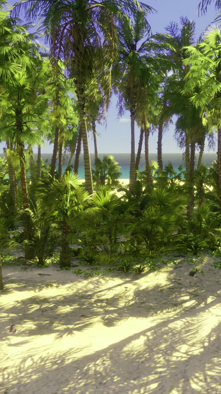 Lush tropical paradise with vibrant foliage and serene ocean background