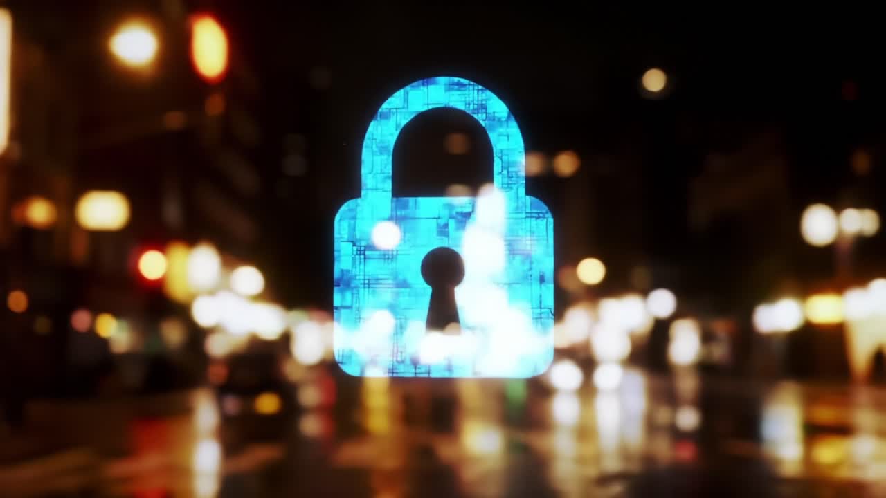 The Importance of Digital Security: A Glowing Lock Symbolizing Online Protection and Privacy in a Nighttime Urban Environment with Blurred Lights