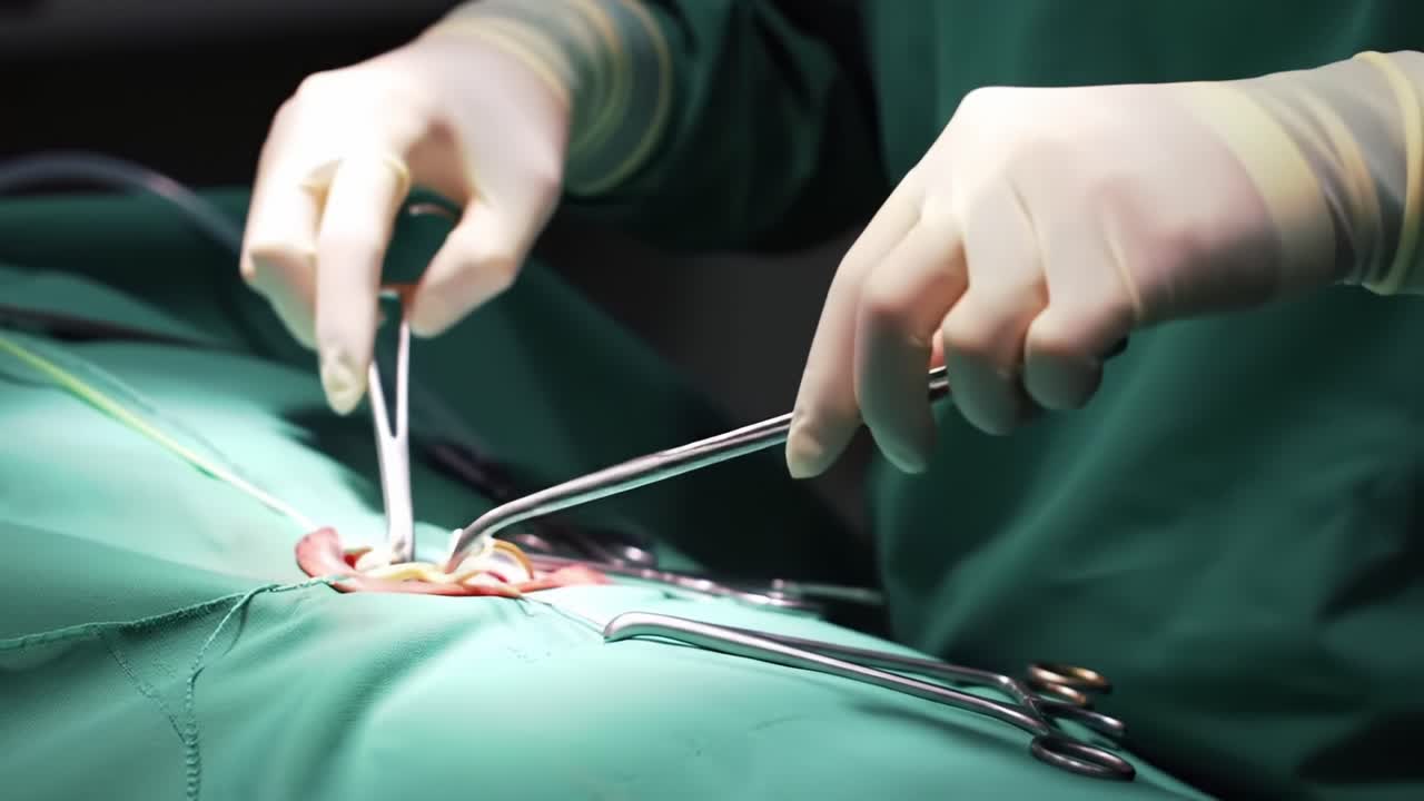 Detailed Surgical Procedure: Close-Up of Medical Hands Engaged in Precision Work During an Operation with Surgical Tools on a Patient in a Clinical Setting