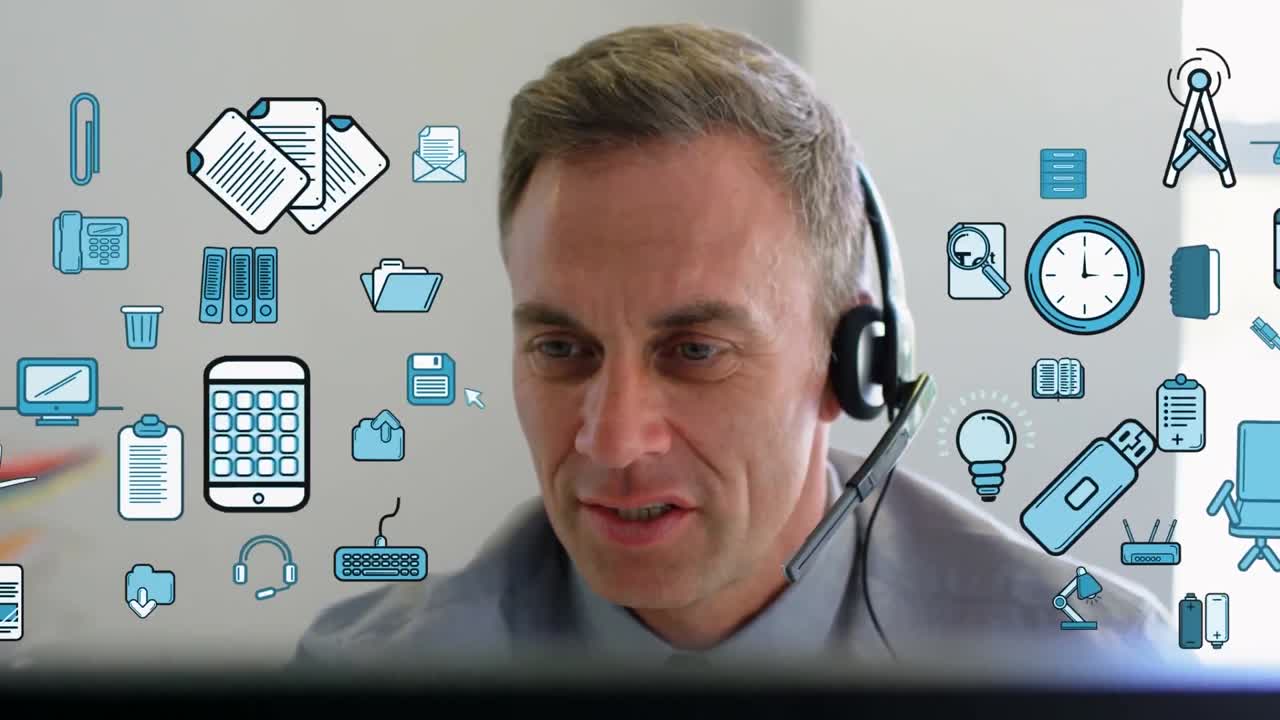 Animation of blue icons appearing over a using phone headset at home