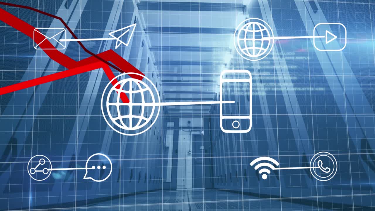 animación del procesamiento de datos estadísticos y múltiples iconos digitales contra la sala de servidores de computadoras