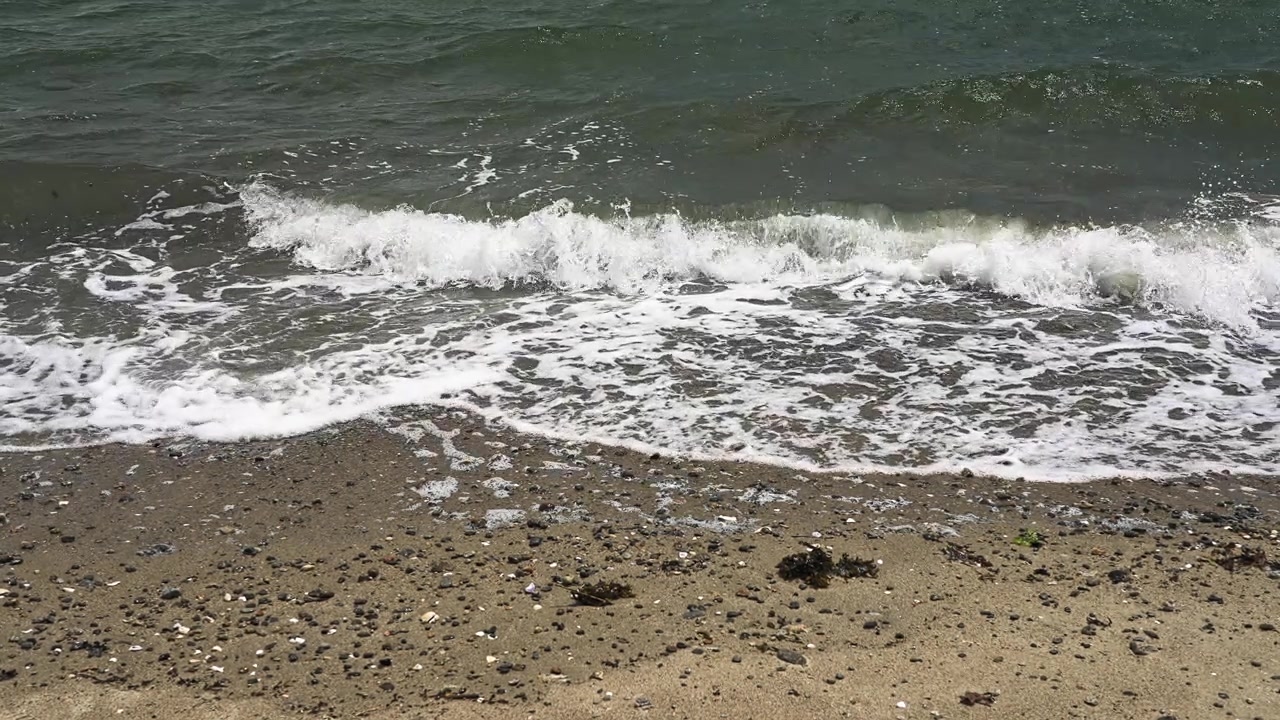 Primo piano di dolci onde oceaniche con schiuma bianca che lambiscono una riva sabbiosa. Scena naturale serena che mostra la marea in arrivo.