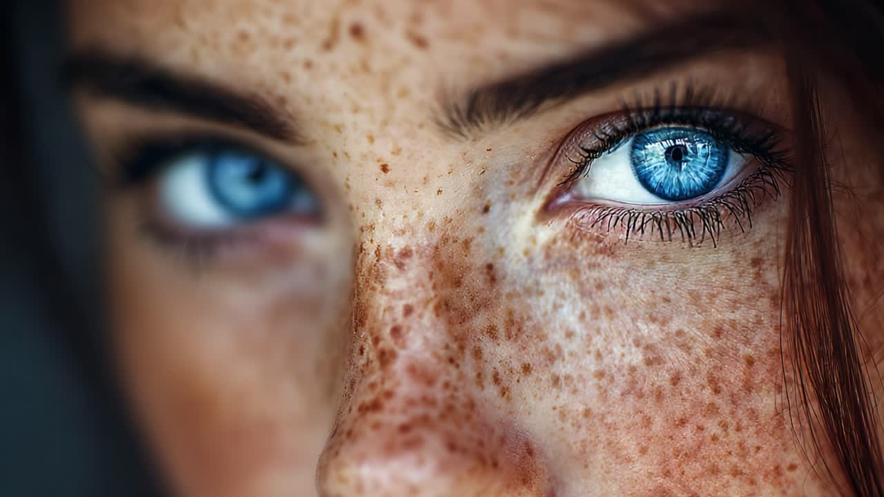 An Intimate Close-Up of a Young individual's Stunning Blue Eyes with Distinct Freckles and Long Lashes, Captured in a Moment of Reflection and Depth