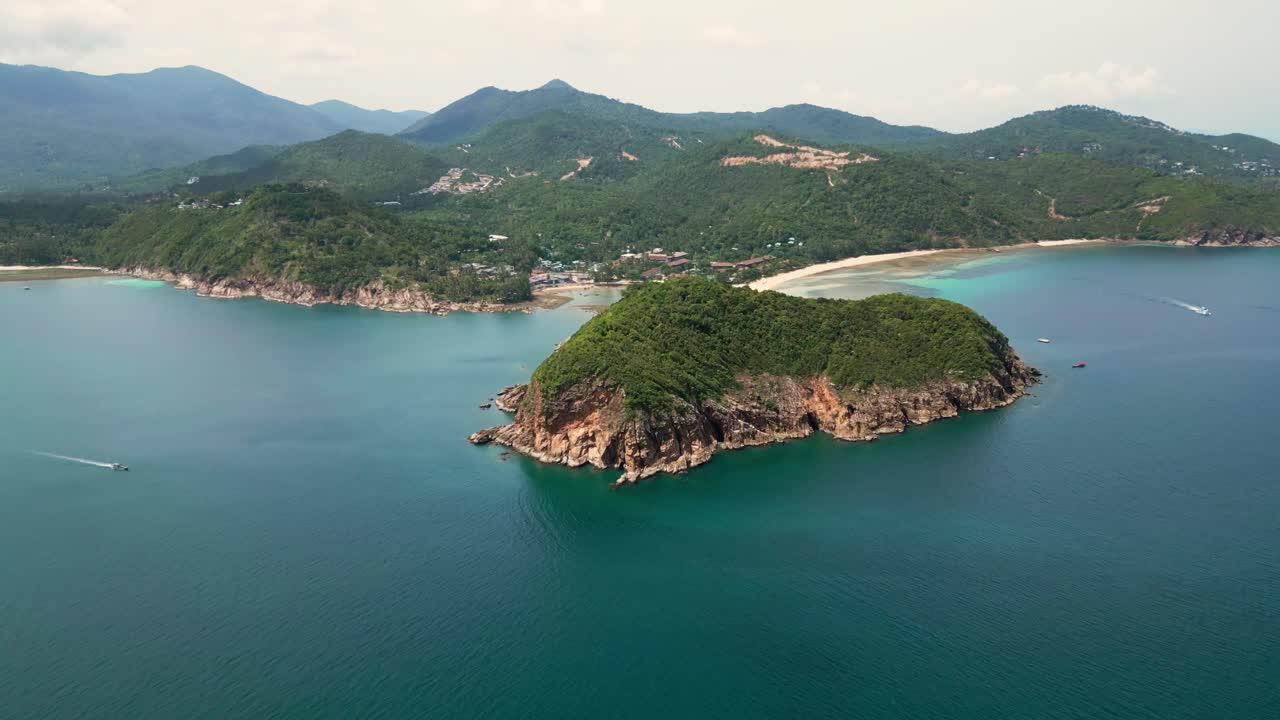Aerial view of Ko Pha Ngan or Koh Phangan Island in Gulf of Thailand , Koh Nang Yuan at sunset