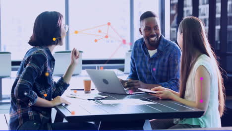 discussing project ideas, colleagues in office with network connections animation above