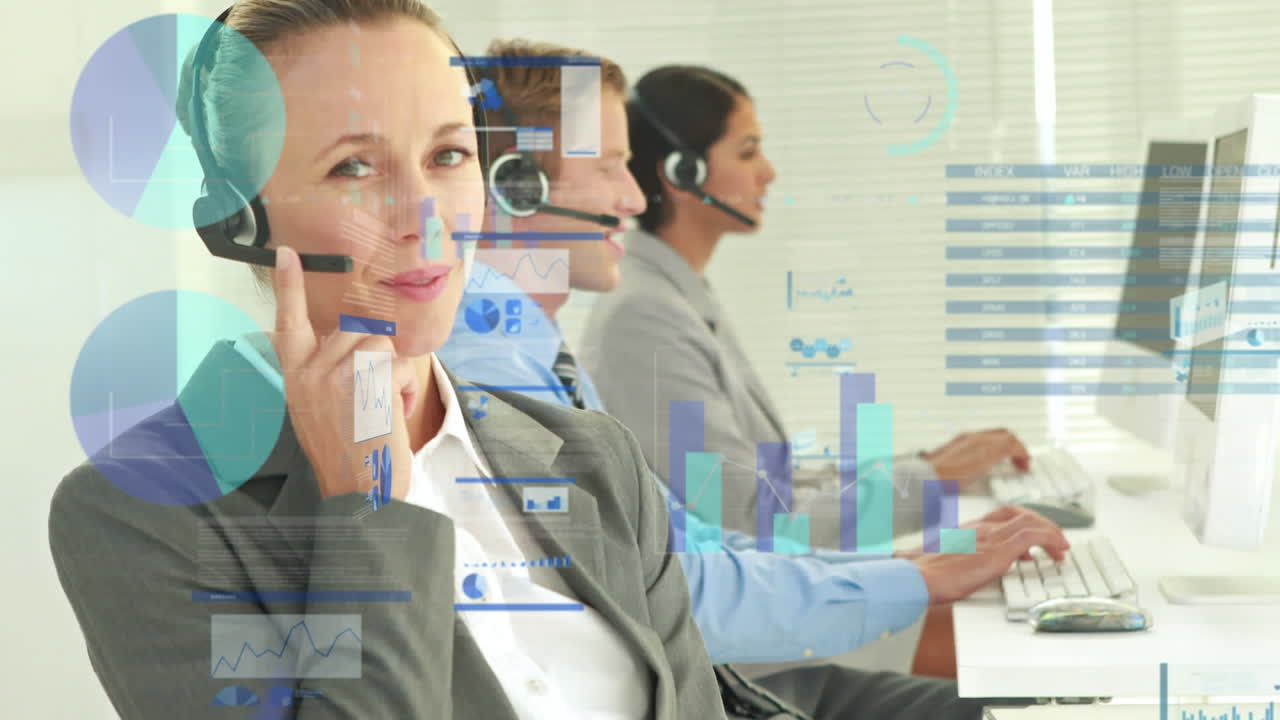 Animation of statistics and data processing over business people wearing phone headsets