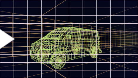 animación de flechas blancas sobre modelo de dibujo 3d de coche y cuadrícula