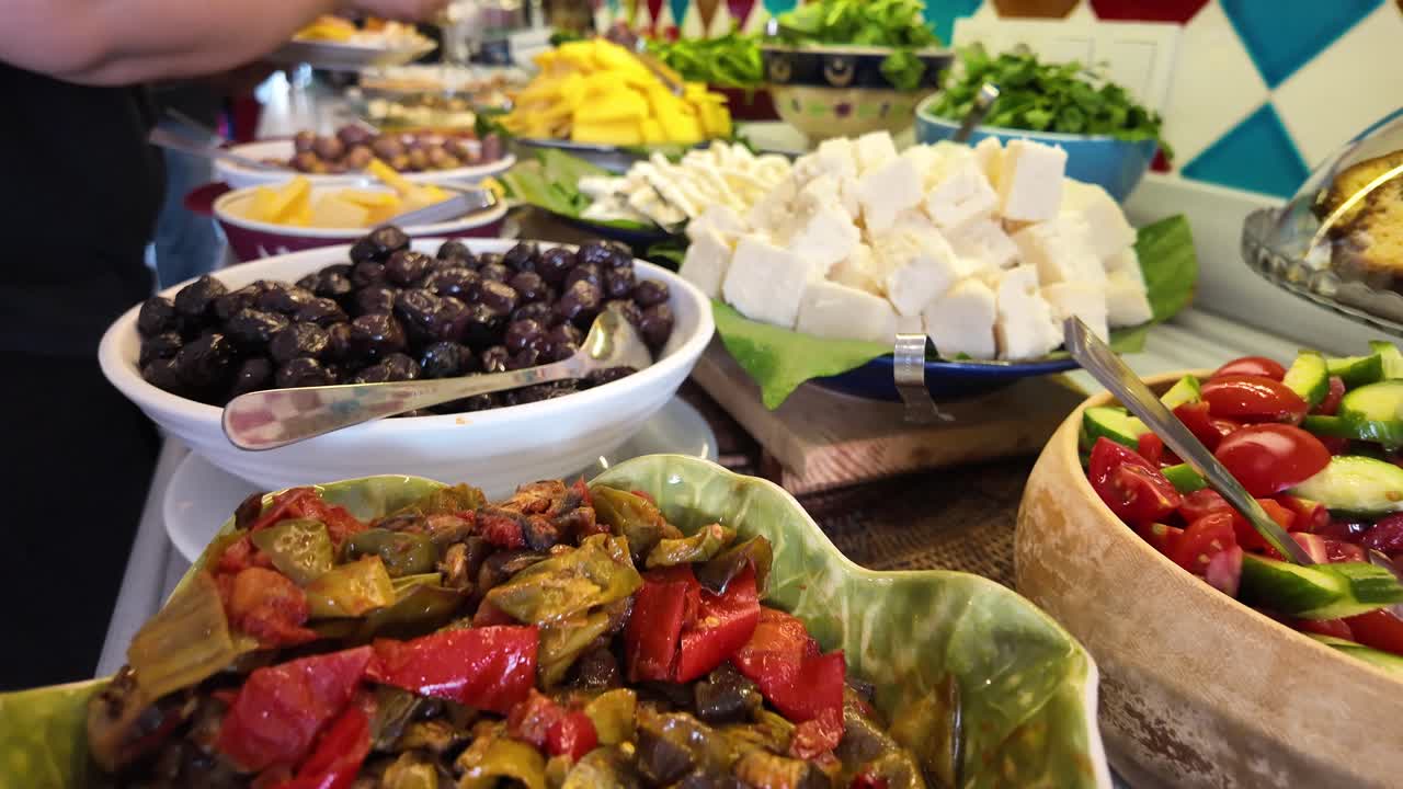 Buffet with Salads, Olives, and Feta Cheese