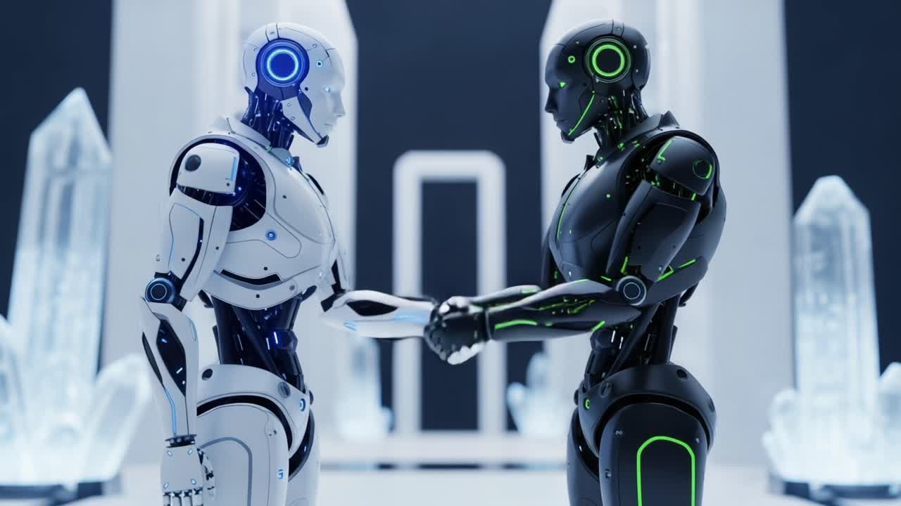 Intriguing Encounter: Two Advanced Robots Engage in a Meaningful Handshake in a Futuristic Environment Filled with Crystals and High-Tech Elements