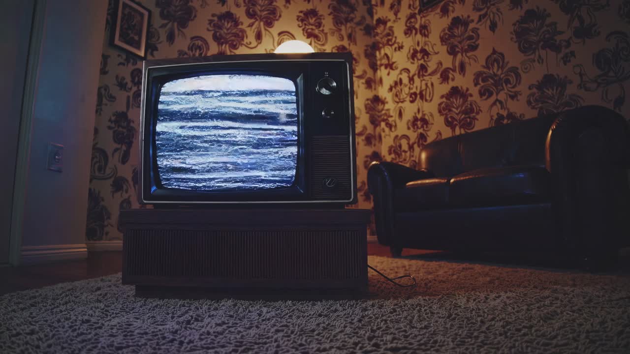 Vintage TV with static in a dimly lit retro living room
