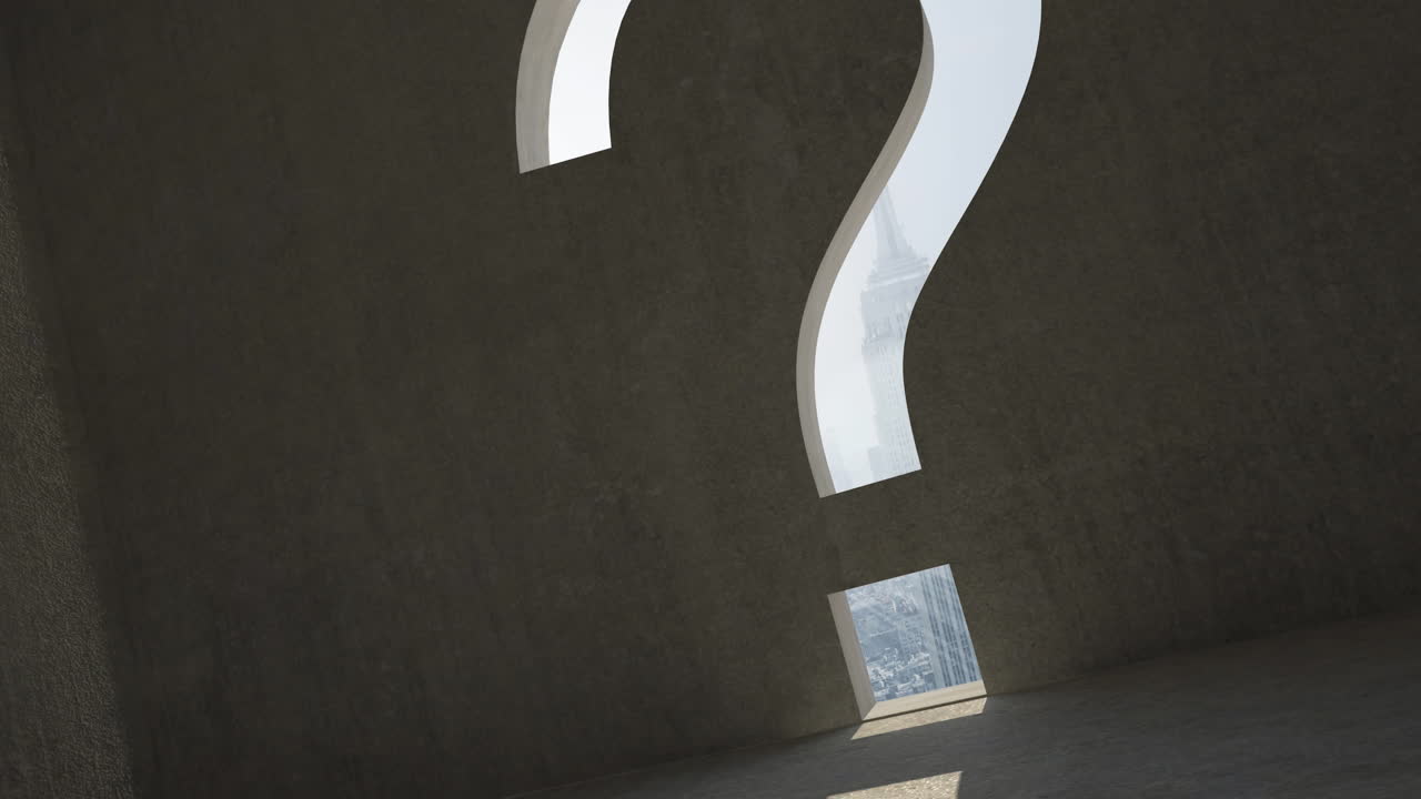 Animation of cityscape through question mark shaped window