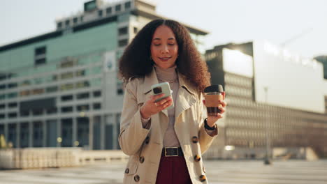 Business-woman,-phone-and-celebration-in-street