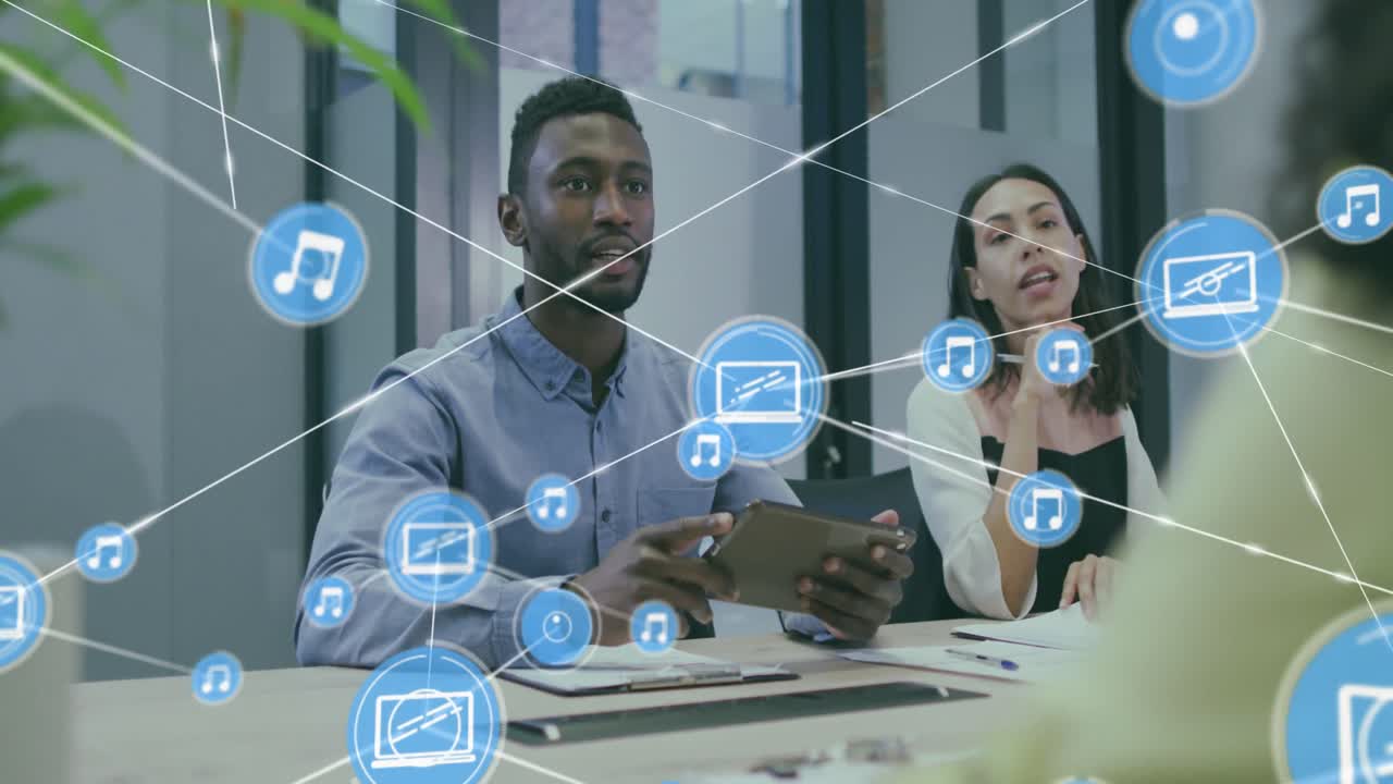 Animation of connected icons, diverse coworkers discussing and shaking hands in meeting at office