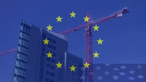 Europäische-Flagge-Mit-Kran,-Der-Im-Hintergrund-Am-Gebäude-Arbeitet