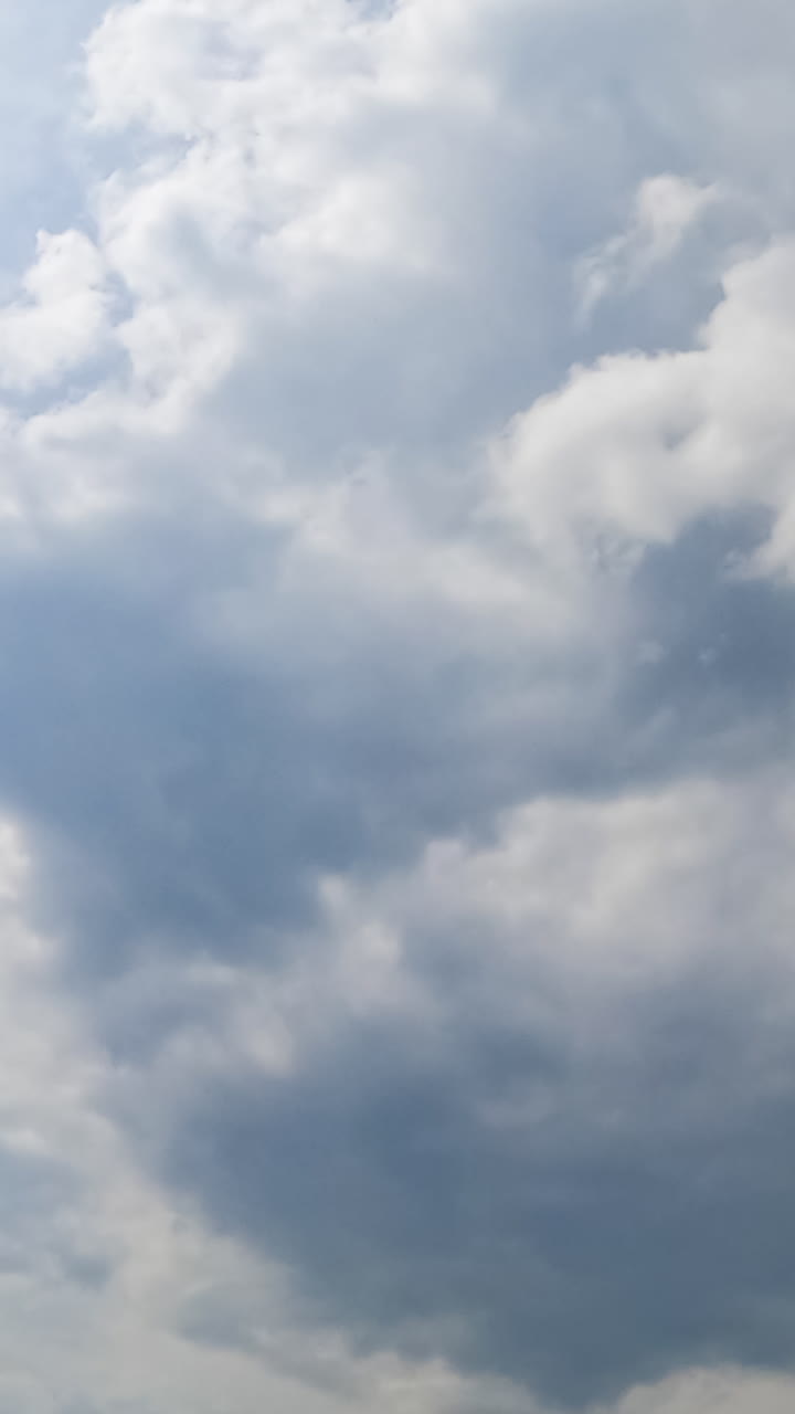 Formation of rain cloudscape in the atmosphere. Grey overcast sky from low angle view. Timelapse. Vertical video