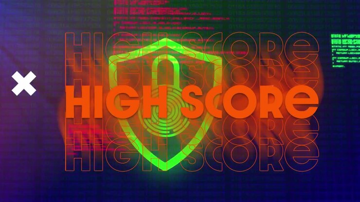 Abstracte vormen en highscore-tekst tegen wereldbol en computerserverruimte