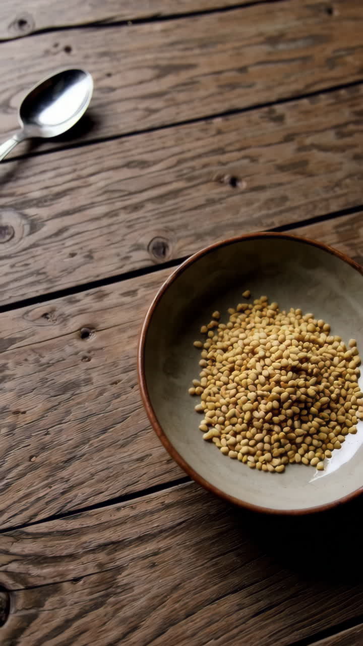 Bowl of Dried Seeds on Wooden Table