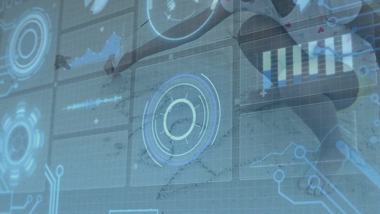 Girl crouching right, reaching toward circular reticle, activating HUD charts, exploring tech data
