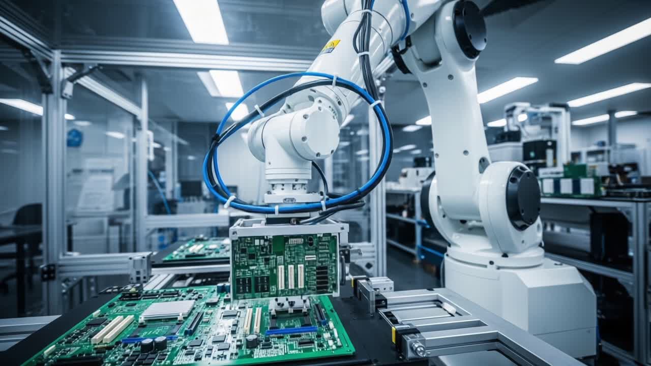 Automated Robotic Arm Handling Circuit Boards in a High-Tech Manufacturing Facility, Showcasing Precision Engineering and Advanced Robotics in Action