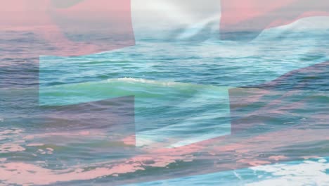 Digitale-Komposition-Der-Wehenden-Schweizer-Flagge-Gegen-Wellen-Im-Meer