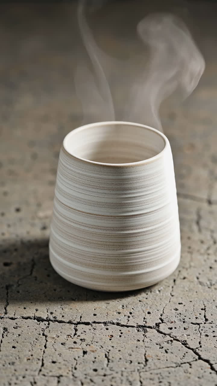A steaming ceramic cup on a textured concrete surface