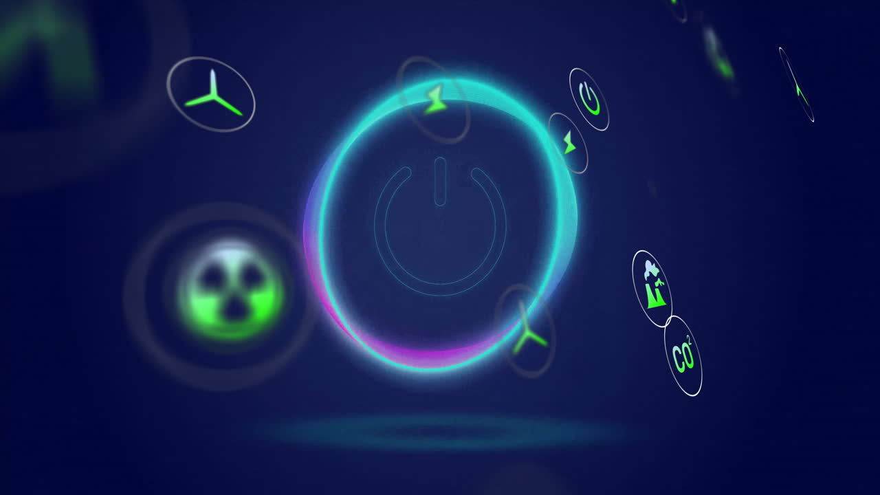 animación de los iconos de botón de energía y energía sobre fondo azul oscuro