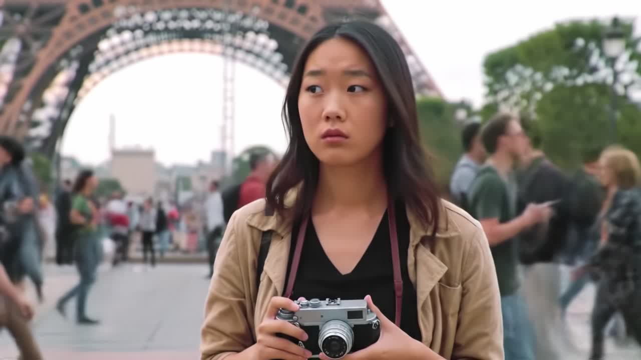 Woman with Vintage Camera in front of Eiffel Tower