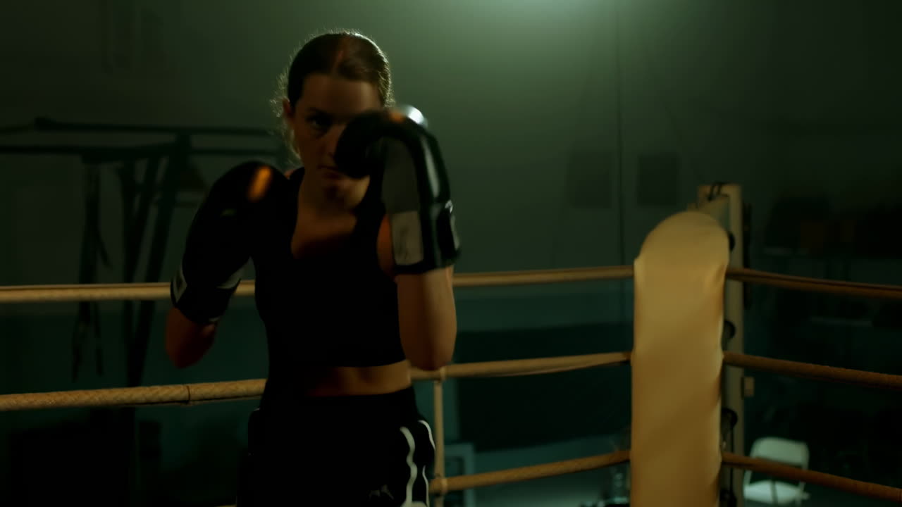 Pugile donna si allena con i guantoni da boxe in un ring buio