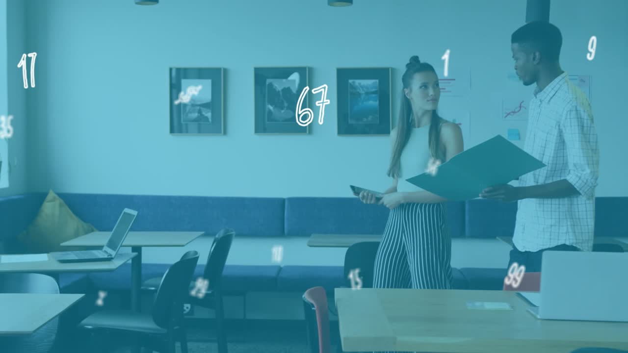 Man entering tech office and activating floating data overlay while guiding colleague through chart