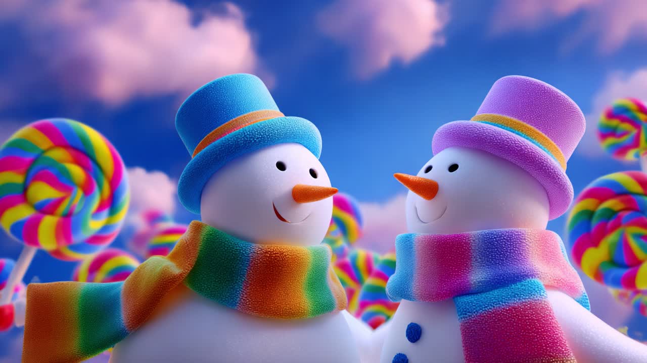 A heartwarming scene featuring two joyful snowmen adorned with vibrant hats and scarves, set against a whimsical backdrop of colorful lollipops, creating a magical and enchanting atmosphere full of cheer