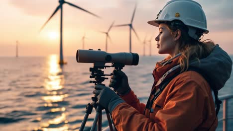 female engineer using a telescope, inspecting offshore wind turbines at sunset, promoting sustainable energy and technological advancement