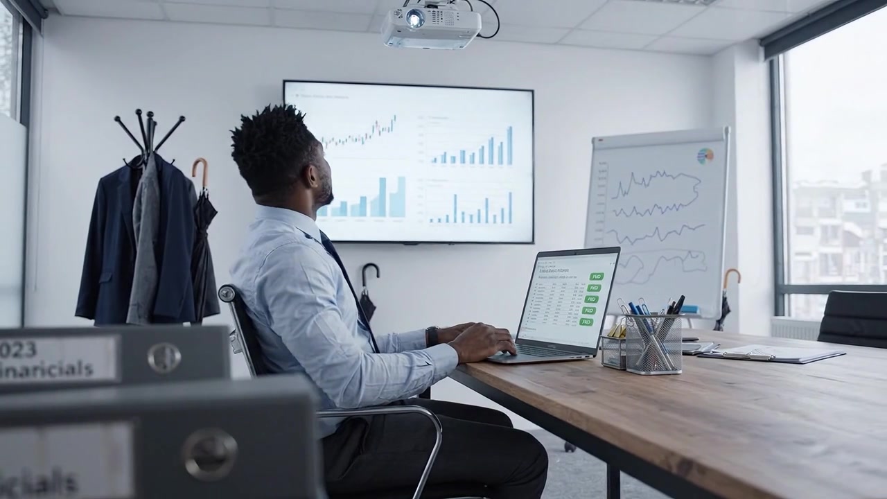 Professionnel concentré analysant des données financières sur un ordinateur portable dans un bureau moderne avec des graphiques affichés sur un écran de projection pour une présentation efficace.