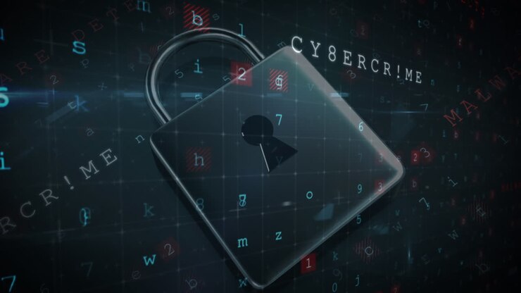 Animation of security padlock over data processing on dark background