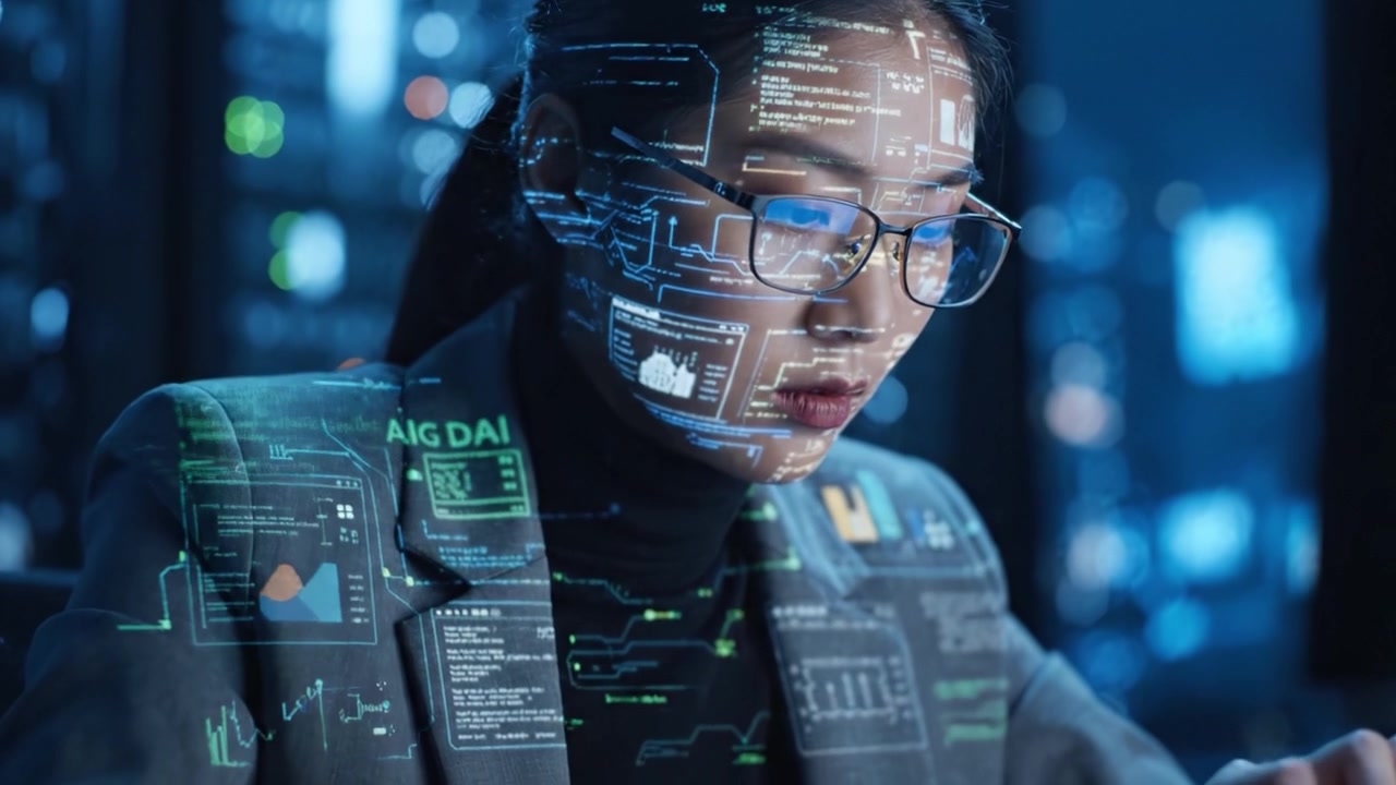 Focused professional woman working on advanced technology with digital data overlay, analyzing complex information in a high-tech environment, showcasing innovation and expertise.