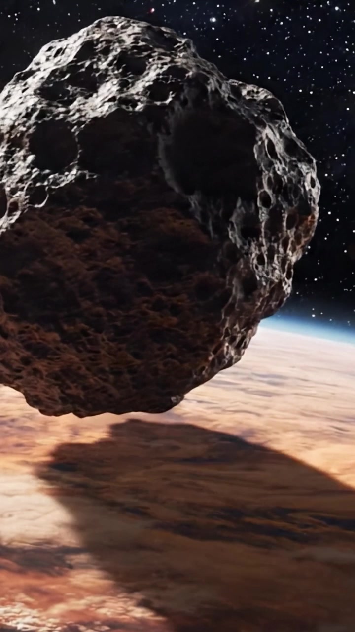 Incontro Cosmico Sorprendente: Una Vista Ravvicinata di un Asteroide Sopra la Superficie Mistica di un Esopianeta Circondato dallo Spazio Stellato
