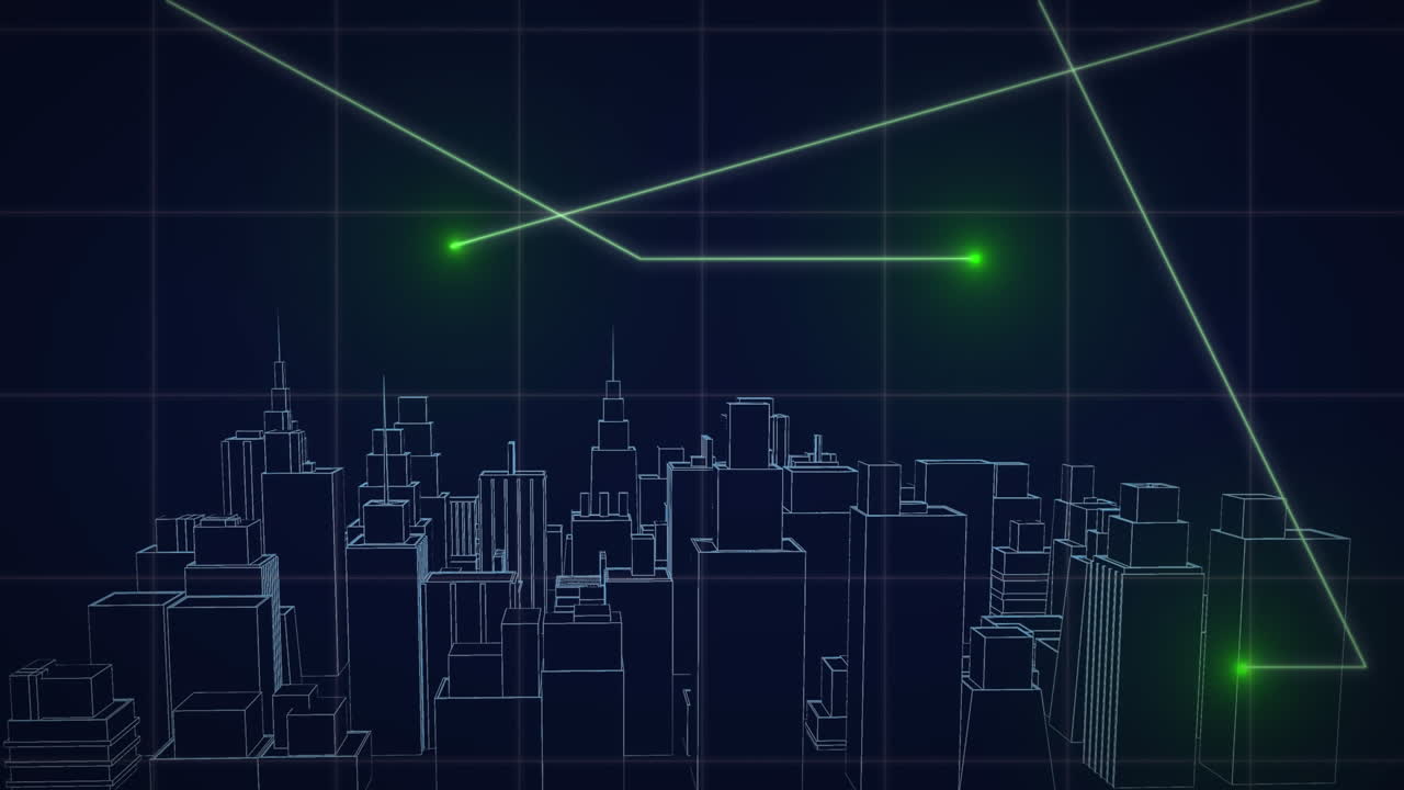 검은색 배경의 빛 트레일 위의 디지털 도시의 애니메이션