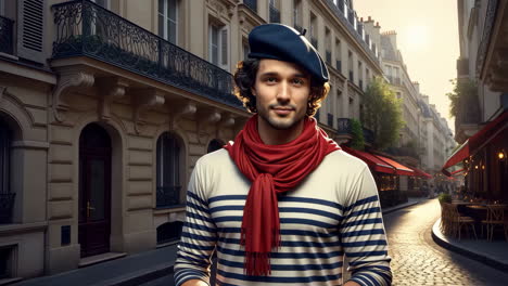 man in french attire on a parisian street