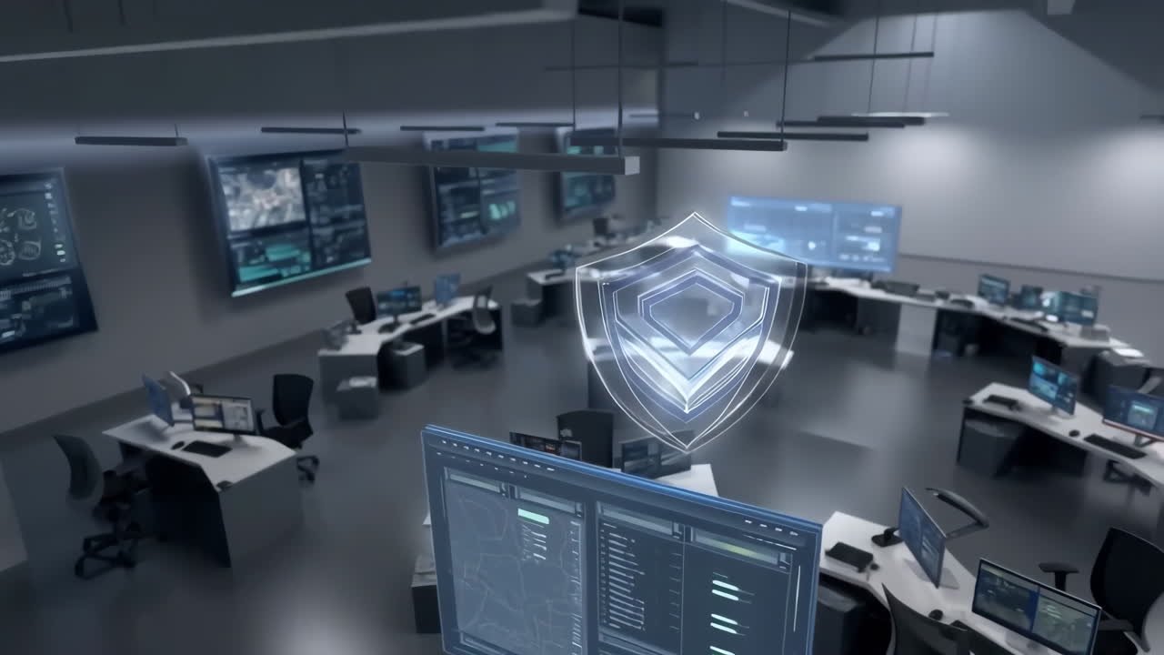 Cybersecurity Control Room with Holographic Shield Icon