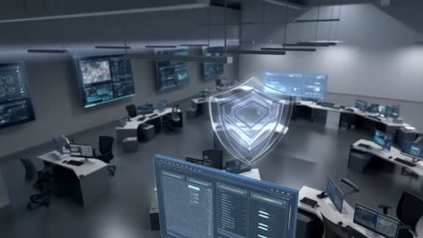cybersecurity control room with holographic shield icon