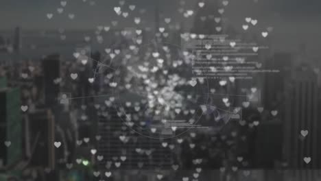 view of tall buildings with flying hearts