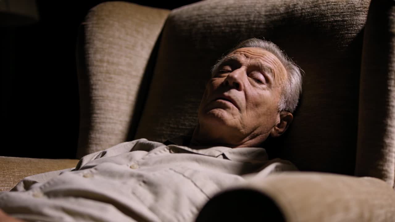 Shifting wrist, senior man opening eyes, lifting head in armchair at home, watch and light shirt