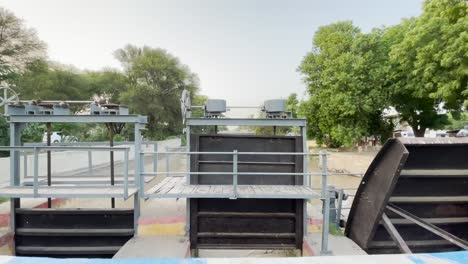 flood gates on spillway on indus river in hyderabad, sindh