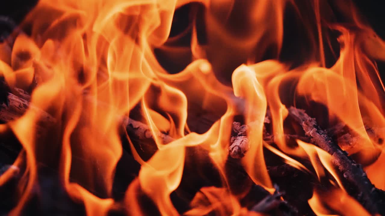 Fuoco vivo su ceppi ardenti. Fiamma arancione al rallentatore. Lingue vivide di falò che brillano nell'oscurità. Primo piano