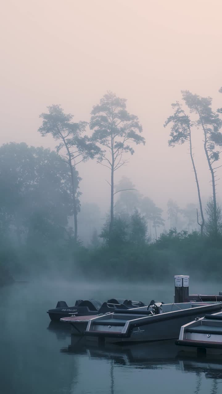 호수  보트 도크 에서 안개 가 가득 한 아침