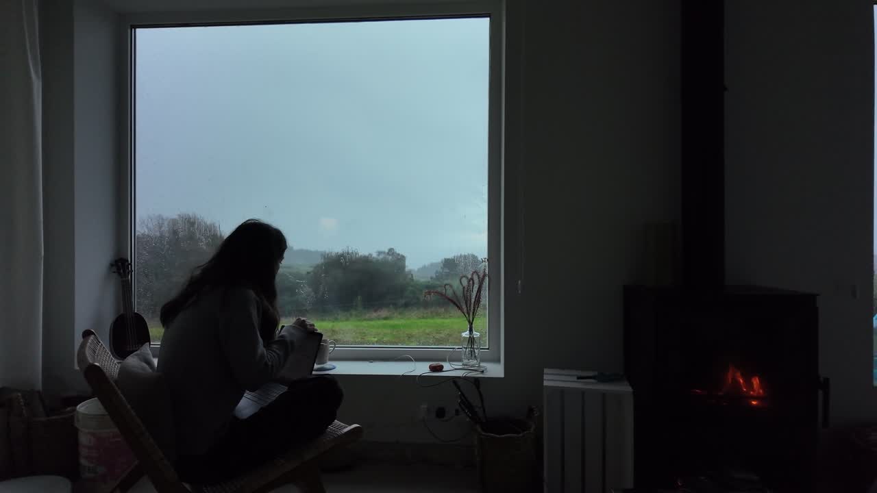 Slow motion silhouette of a person teleworking on a laptop while looking out over the countryside