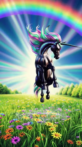 black unicorn in a rainbow meadow
