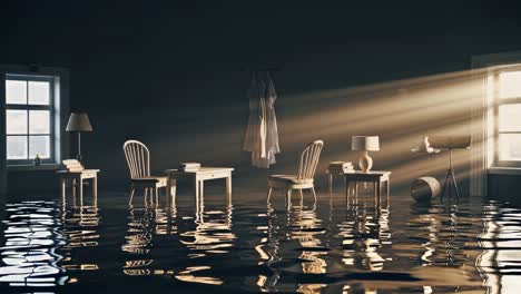 sunlight filtering through window, gently illuminating submerged room with hanging clothes and furniture, creating ethereal reflections across water filled interior