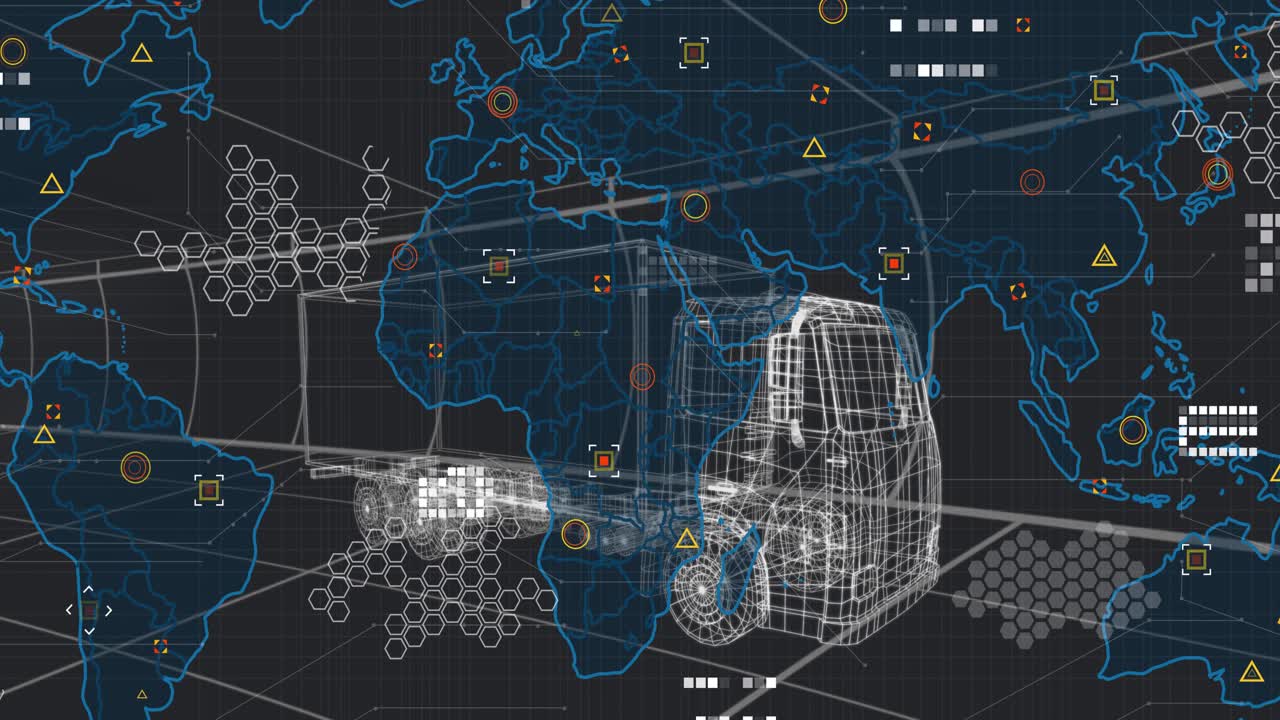 Map contours appearing, wireframe truck rotating, HUD filling and syncing global routes