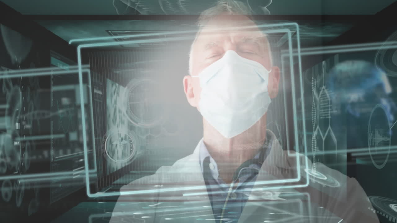 Animazione di schermi digitali su un medico caucasico con mascherina.