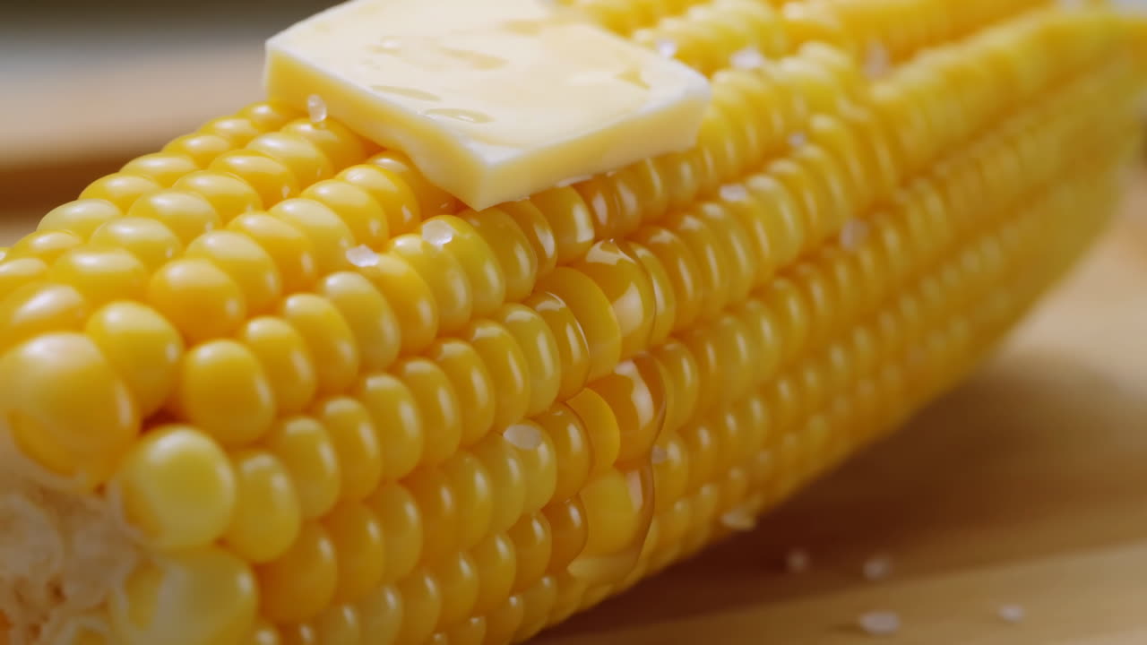 Buttery Corn On Cob Melting Butter, Closeup On Wooden Board With Glossy Golden Kernels And Salt Crystals, Warm